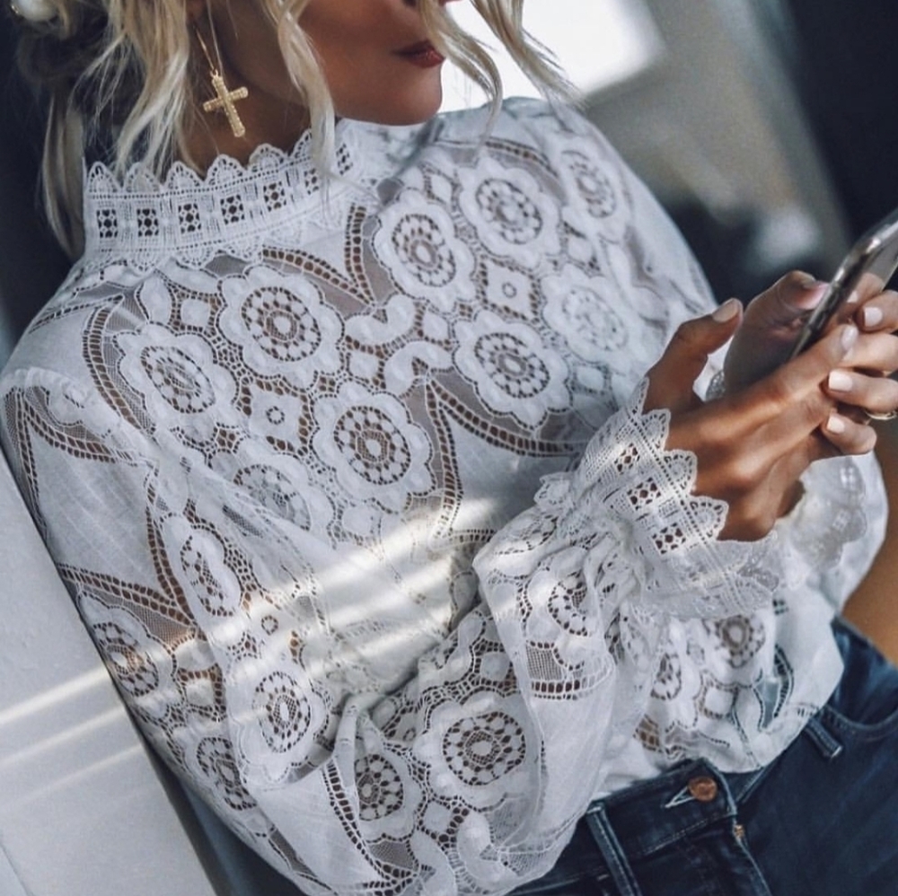 NEW Girlie Glam White Lace Cotton Top Long Sleeve White Retro Vintage - Picture 8 of 15